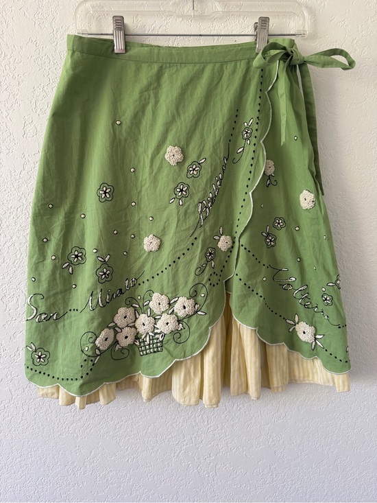 Odille Dresses & Skirts - Odille Green Wrap Skirt with Cream Ruffle Trim
